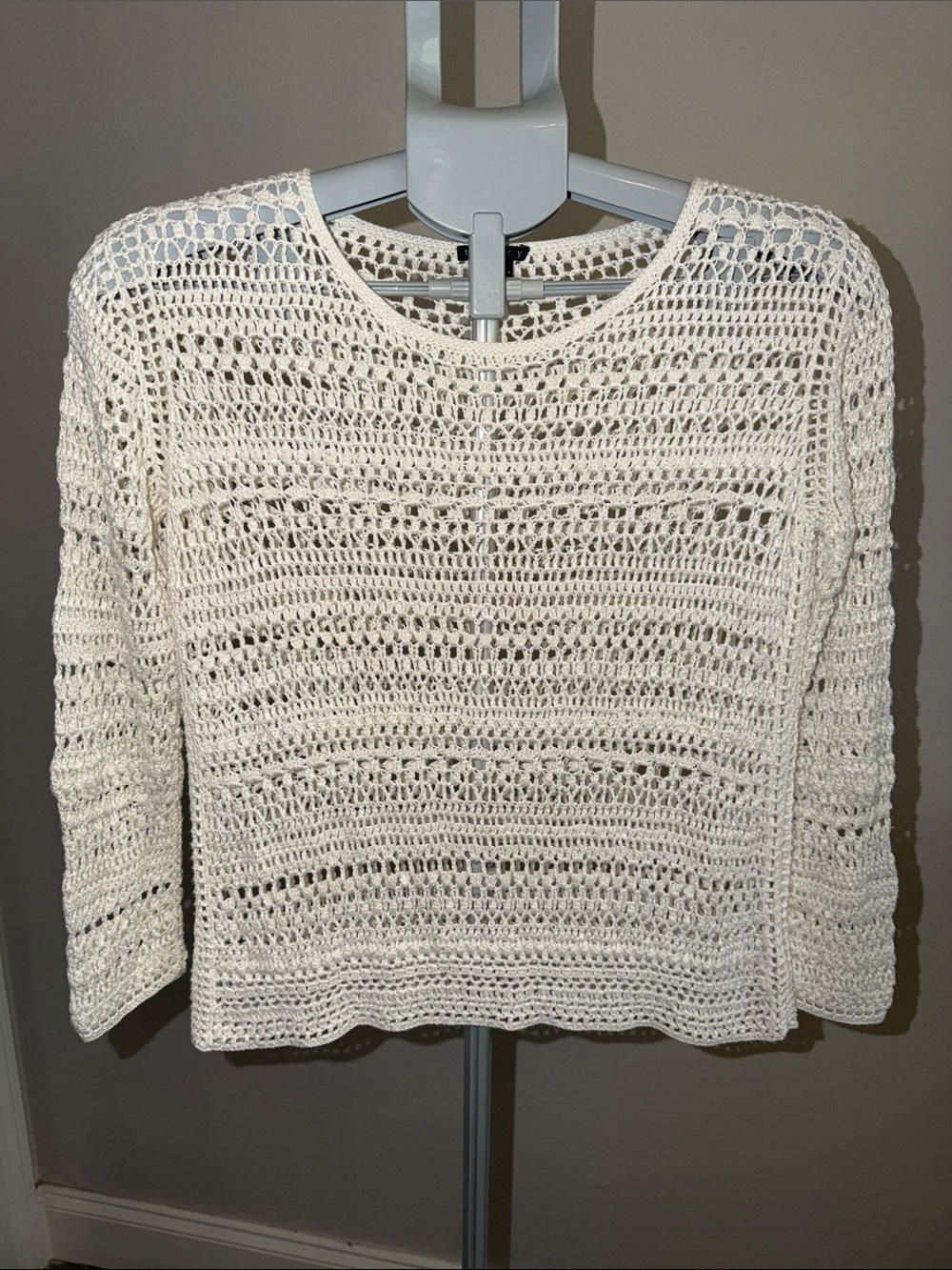 Theory Ivory Openwork Crochet Crewneck Sweater